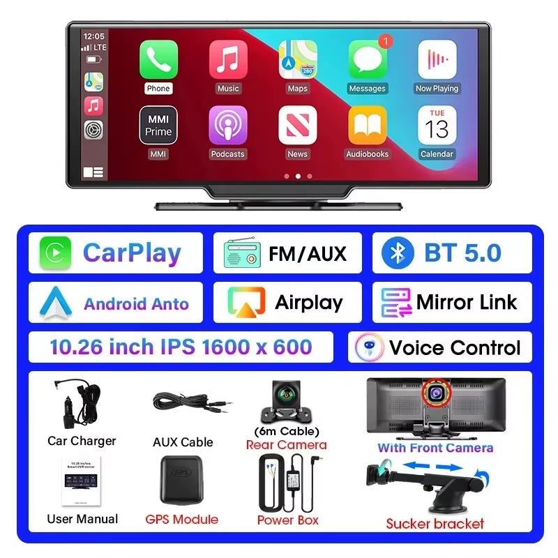 10.26" Dash Cam 4K Car Mirror Video Player Wireless Carplay Android Auto Car Monitor Multimedia GPS Rearview Camera Dashboard