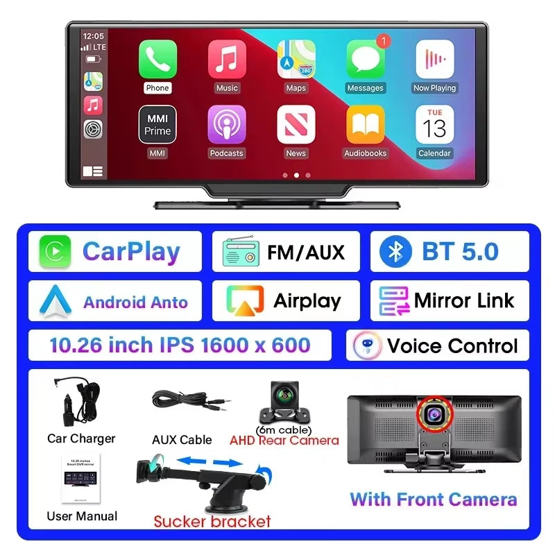10.26" Dash Cam 4K Car Mirror Video Player Wireless Carplay Android Auto Car Monitor Multimedia GPS Rearview Camera Dashboard