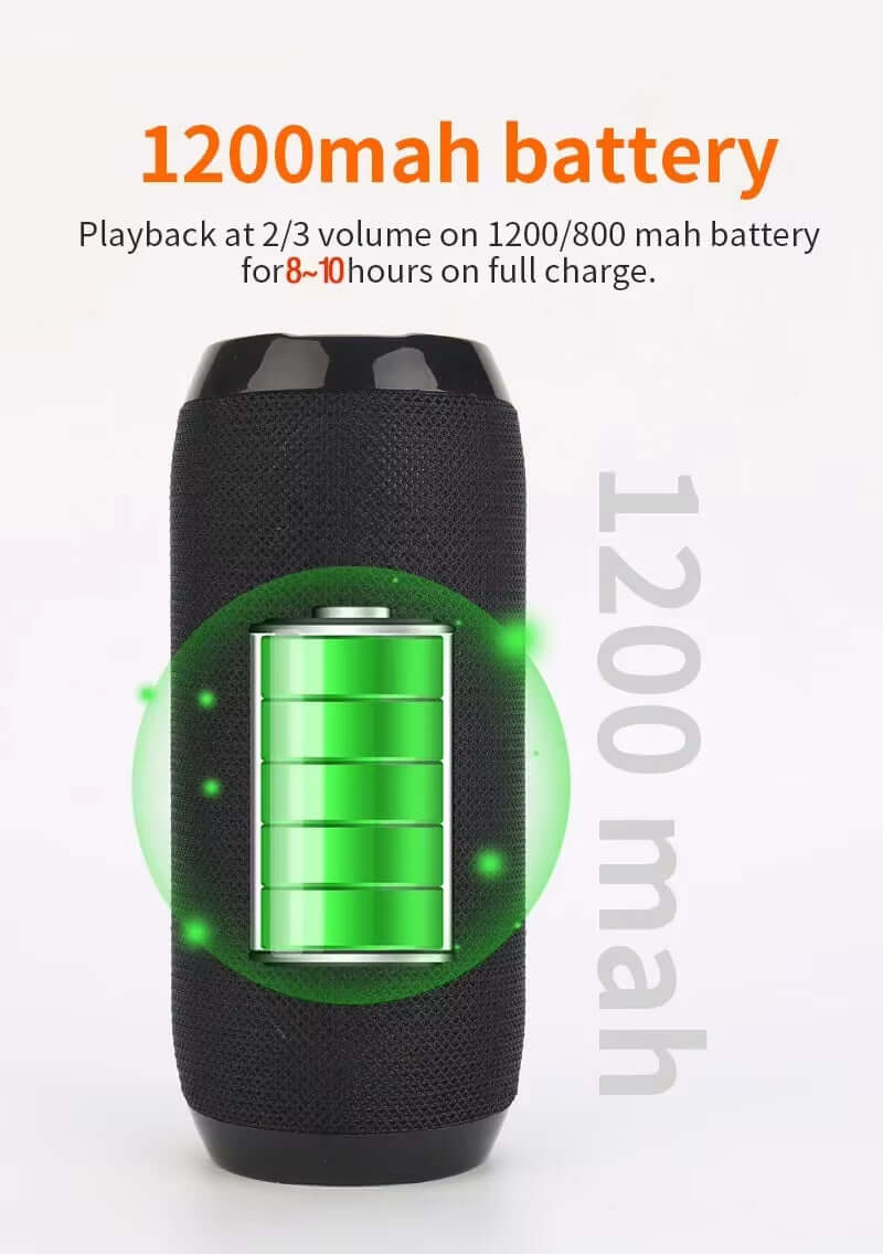 Waterproof portable Bluetooth speaker with 1200mAh battery indicator, offering 8-10 hours playback time.