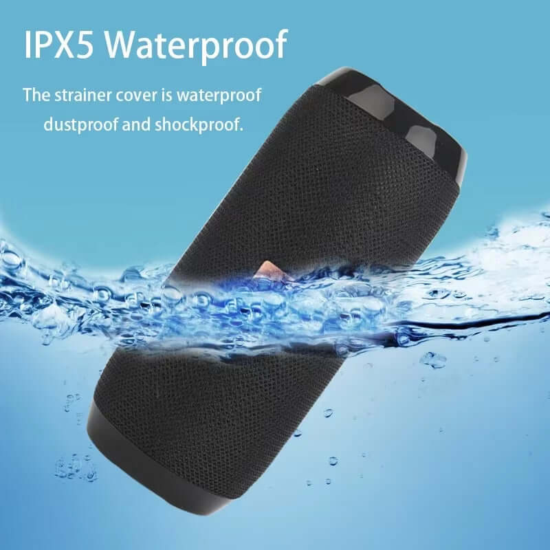 IPX5 waterproof portable Bluetooth speaker with dustproof and shockproof design, shown with water for protection demonstration.