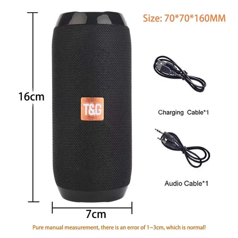 Waterproof portable Bluetooth-compatible speaker with subwoofer, dimensions 70x70x160mm, includes charging and audio cables.