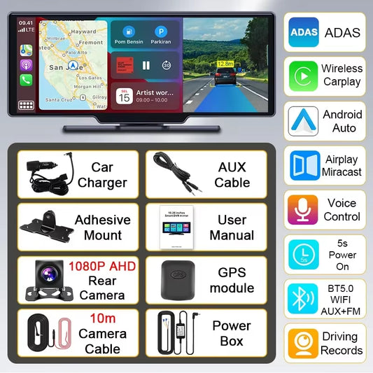 10.26" Dash Cam 4K Car Mirror Video Player Wireless Carplay Android Auto Car Monitor Multimedia GPS Rearview Camera Dashboard