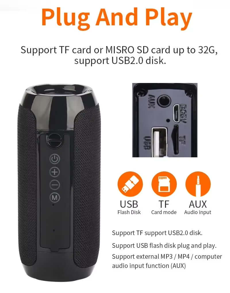 Waterproof portable Bluetooth speaker with plug and play support for USB, TF card, and AUX input.