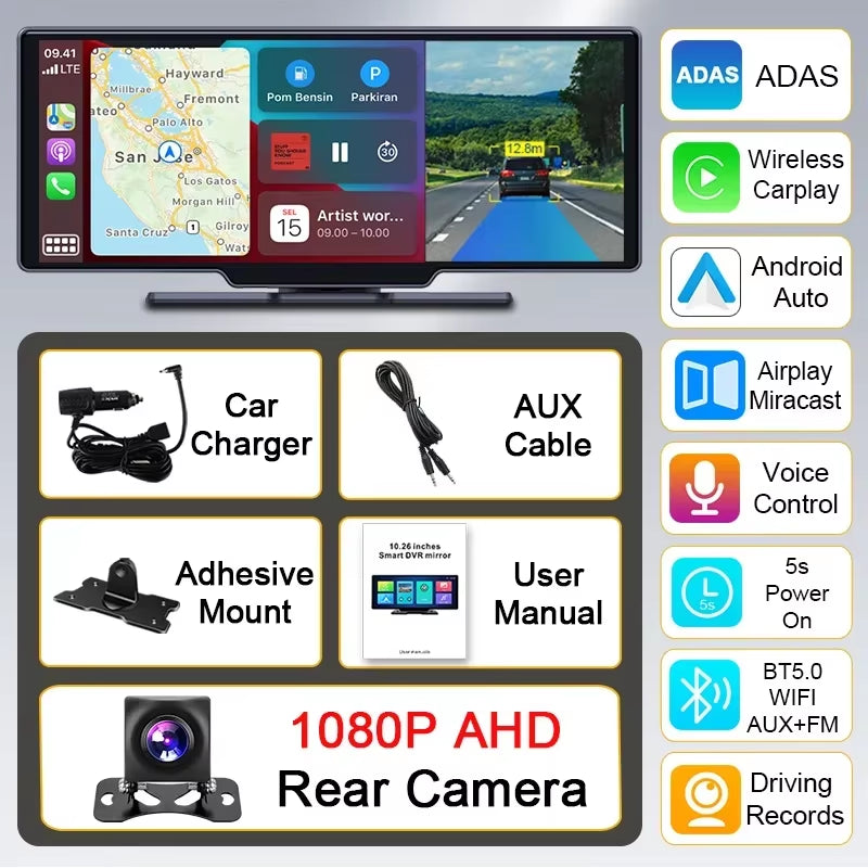 10.26" Dash Cam 4K Car Mirror Video Player Wireless Carplay Android Auto Car Monitor Multimedia GPS Rearview Camera Dashboard