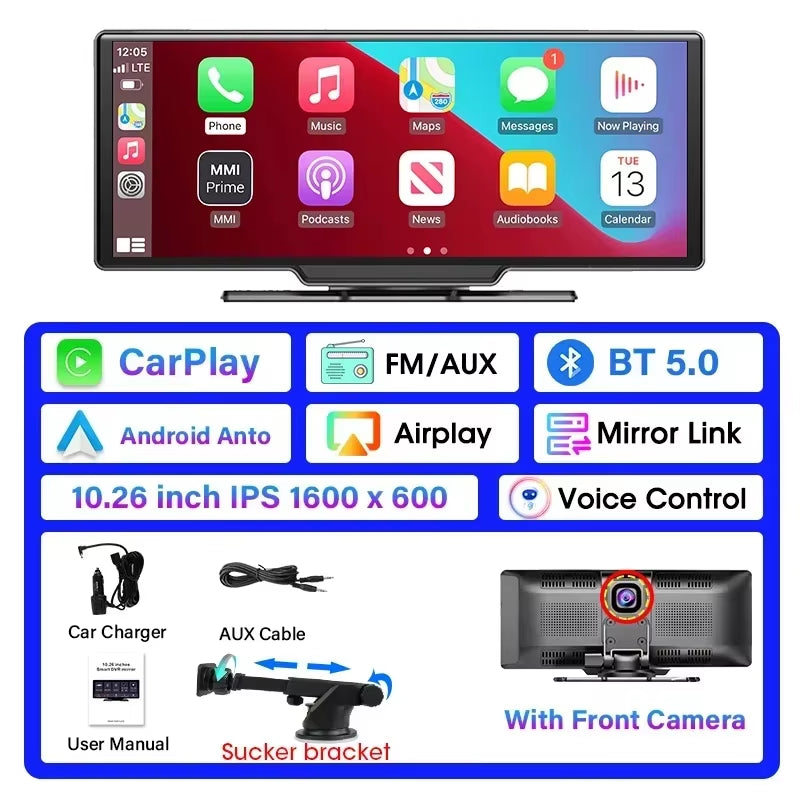 10.26" Dash Cam 4K Car Mirror Video Player Wireless Carplay Android Auto Car Monitor Multimedia GPS Rearview Camera Dashboard