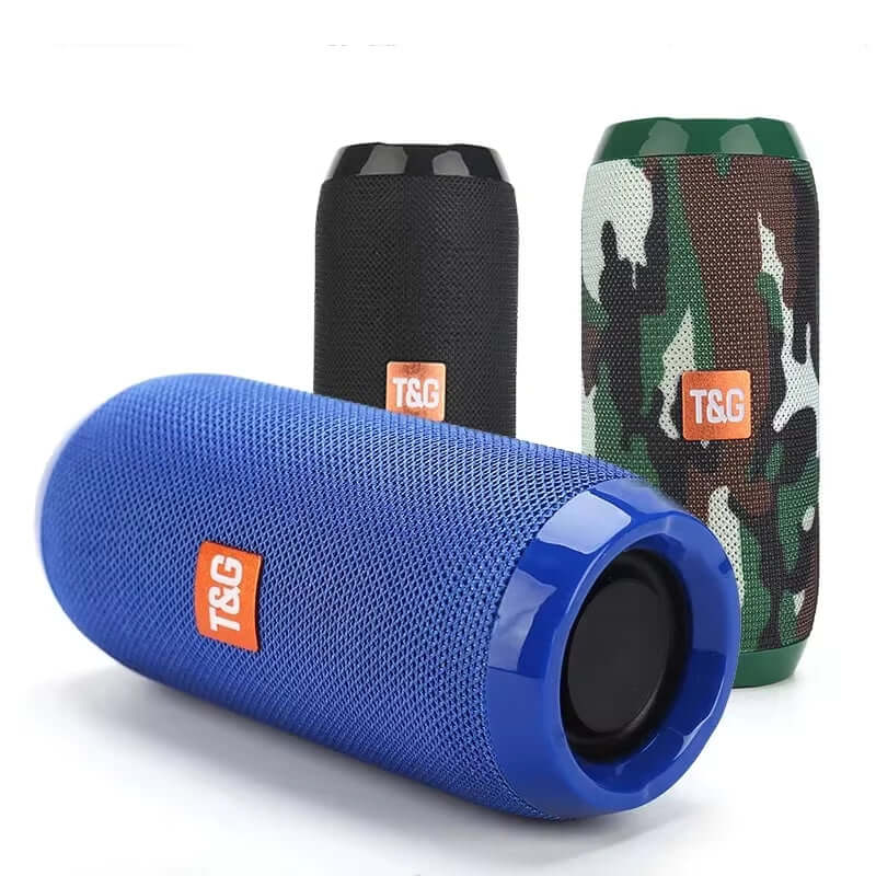 Three T&G waterproof Bluetooth speakers in blue, black, and camouflage designs, showcasing portable wireless sound quality.