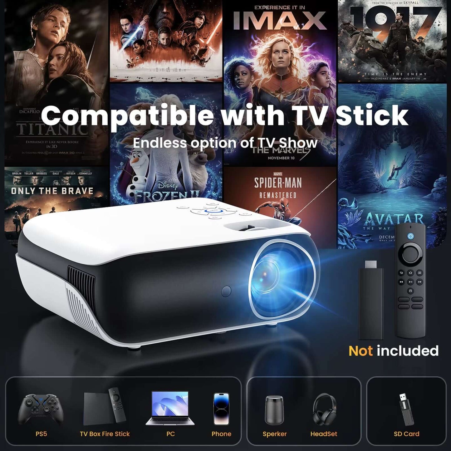 Beamer,Full HD 1080P,Bluetooth,4K-Unterstützung,Tragbar Mini Heimkino-Projektor,Kompatibel Mit Smartphone/Hdmi/Usb/Av