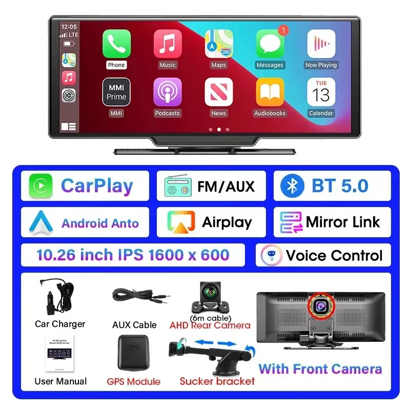 10.26" Dash Cam 4K Car Mirror Video Player Wireless Carplay Android Auto Car Monitor Multimedia GPS Rearview Camera Dashboard