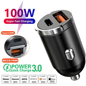 Car 100-200W Dual Port Mini USB Charger Ultra Fast Charging Cigarette Lighter Socket 12-24V Aluminum Cell Phone Charging Adapter
