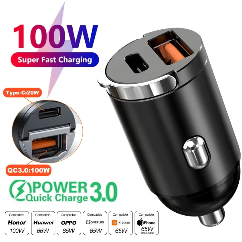 Car 100-200W Dual Port Mini USB Charger Ultra Fast Charging Cigarette Lighter Socket 12-24V Aluminum Cell Phone Charging Adapter