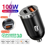 Car 100-200W Dual Port Mini USB Charger Ultra Fast Charging Cigarette Lighter Socket 12-24V Aluminum Cell Phone Charging Adapter