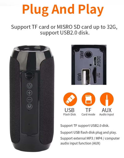 Waterproof portable Bluetooth speaker with plug and play support for USB, TF card, and AUX input.