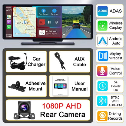 10.26" Dash Cam 4K Car Mirror Video Player Wireless Carplay Android Auto Car Monitor Multimedia GPS Rearview Camera Dashboard