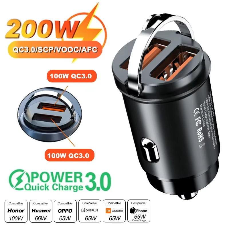 Car 100-200W Dual Port Mini USB Charger Ultra Fast Charging Cigarette Lighter Socket 12-24V Aluminum Cell Phone Charging Adapter