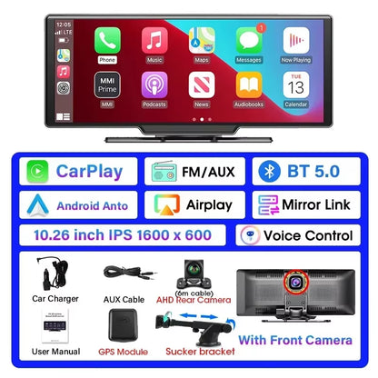 10.26" Dash Cam 4K Car Mirror Video Player Wireless Carplay Android Auto Car Monitor Multimedia GPS Rearview Camera Dashboard